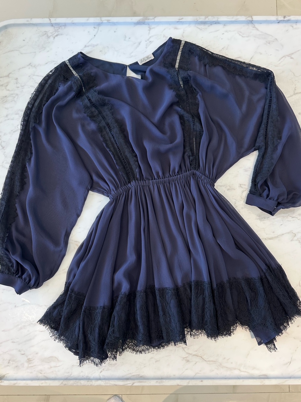 LoveShackFancy Noelle Silk Mini Dress in Navy Blue Women’s size Small